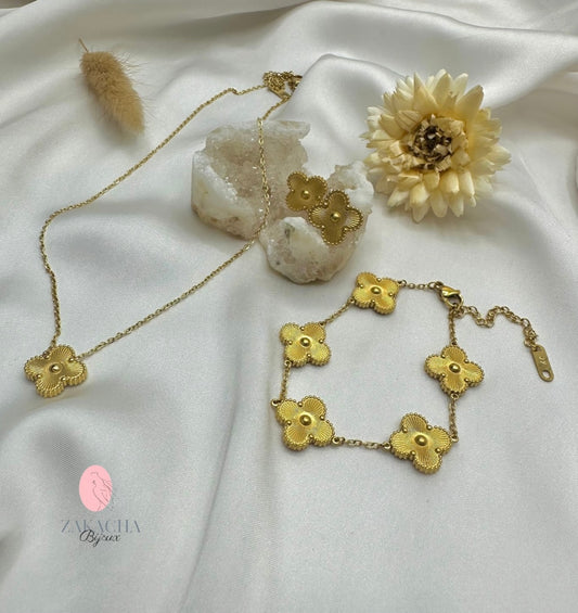 Parure TREFLE uni collier, bracelet et boucles d'oreilles (or/argent)