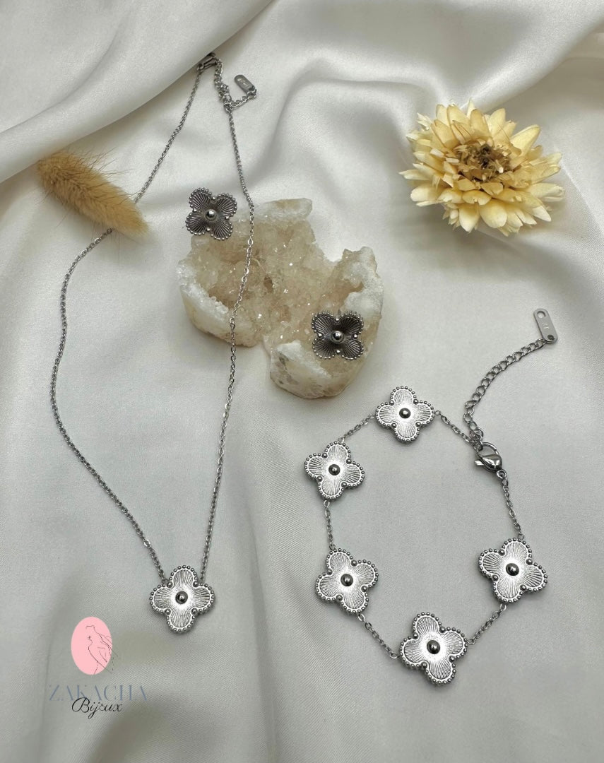 Parure TREFLE uni collier, bracelet et boucles d'oreilles (or/argent)